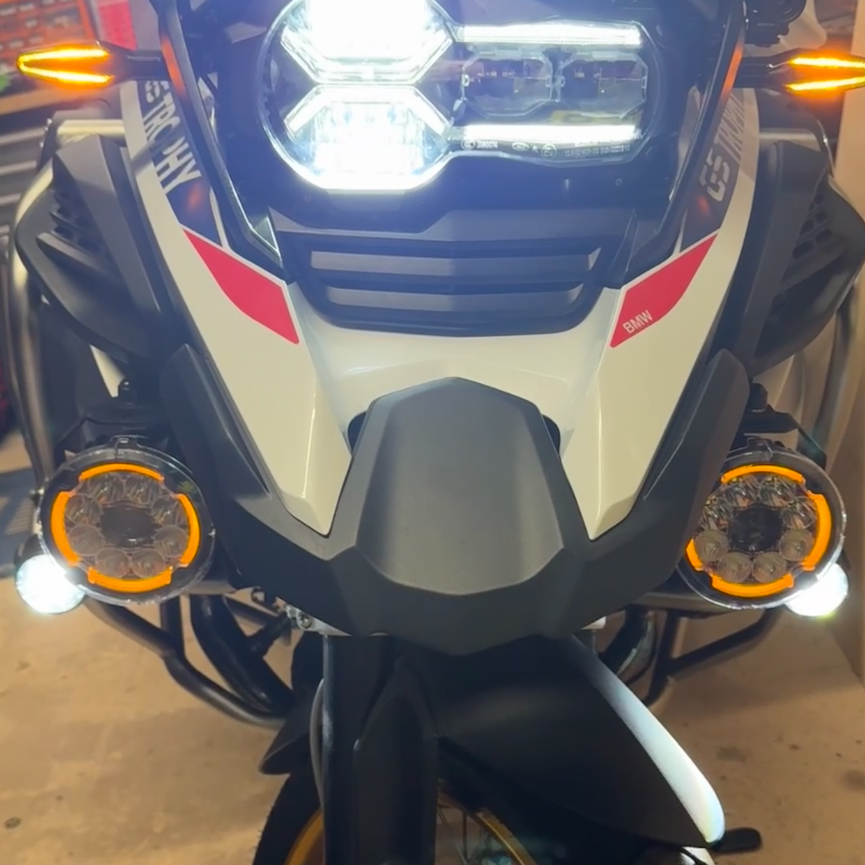 Lone Rider Motolights and Motocan being installed in the Forest of Dean on a BMW GS Motocycle